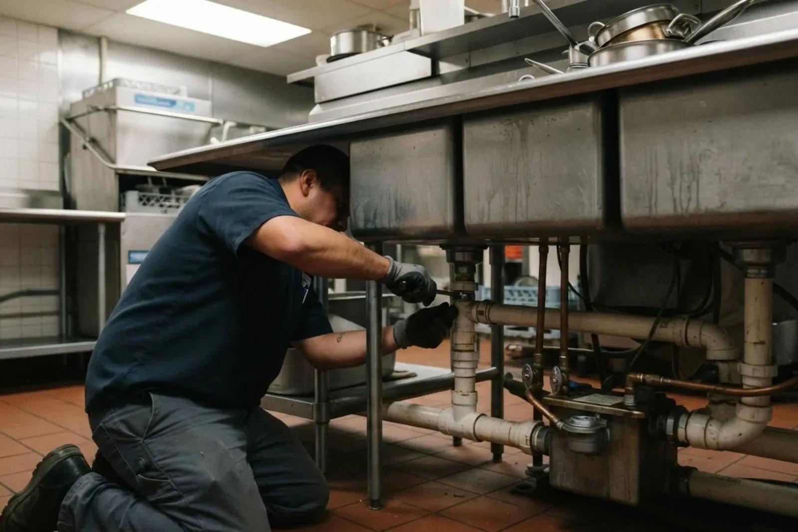 Plumber kneeling under a stainless commercial kitchen sink to work on the drain lines