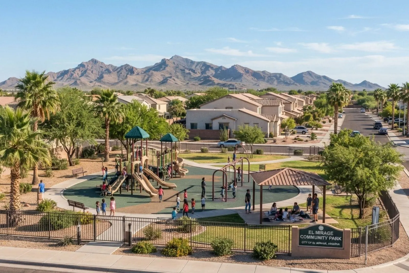 Neighborhood park and playground in El Mirage, Arizona, with desert mountains in the distance