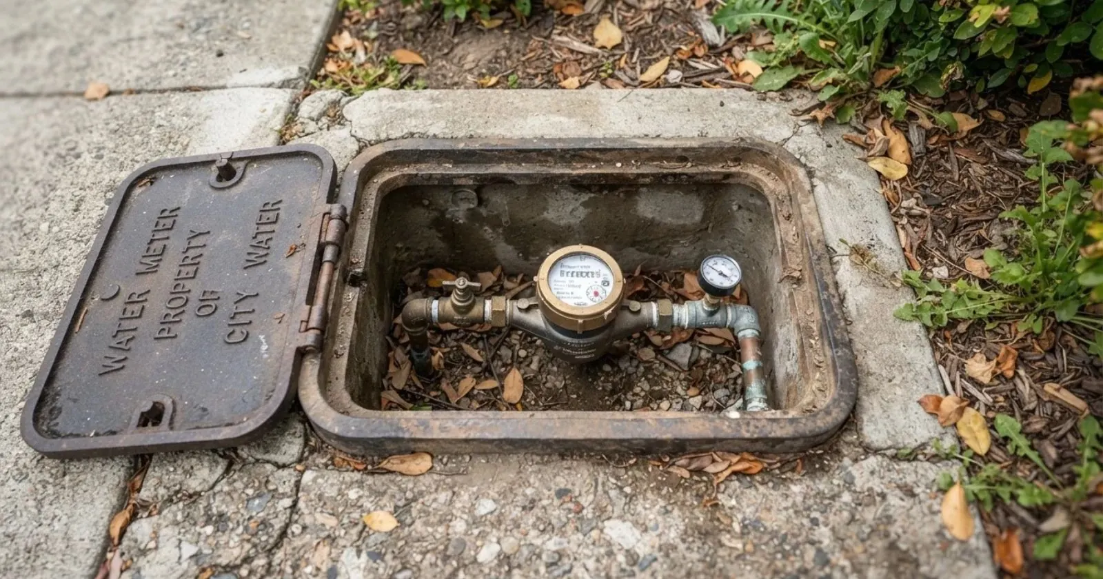 Open water meter box at the curb showing the meter dial
