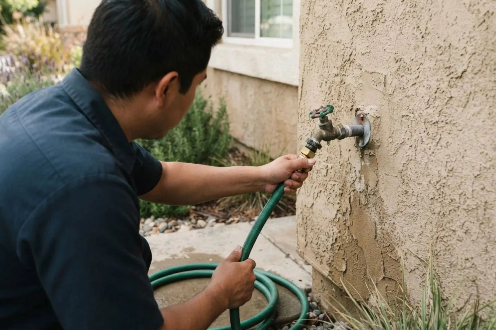Plumber checking an outdoor hose bib on the stucco wall of an Arizona home