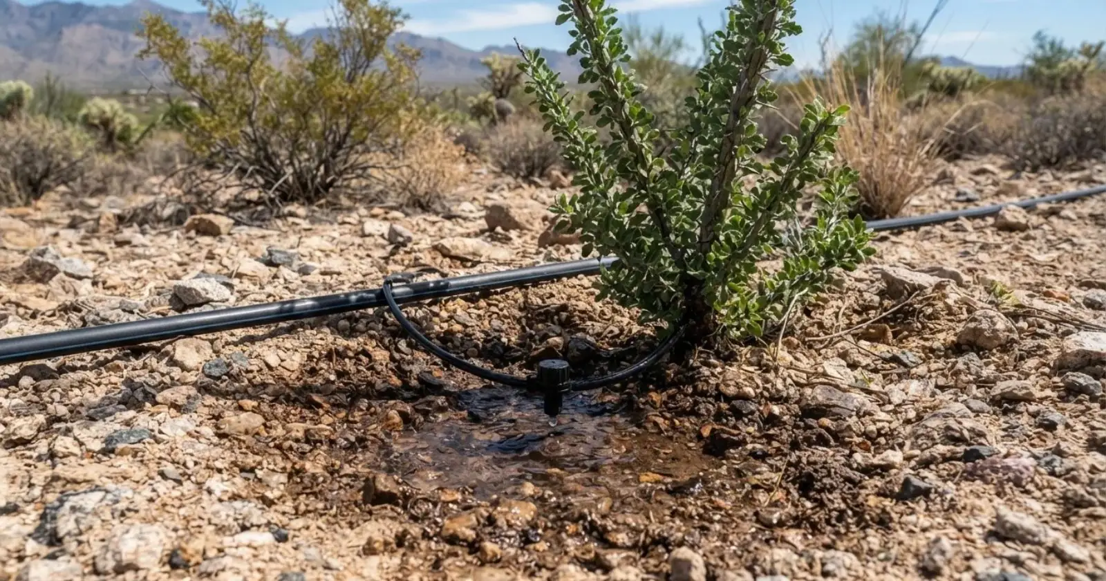 Drip irrigation line running to a desert shrub in gravel landscaping