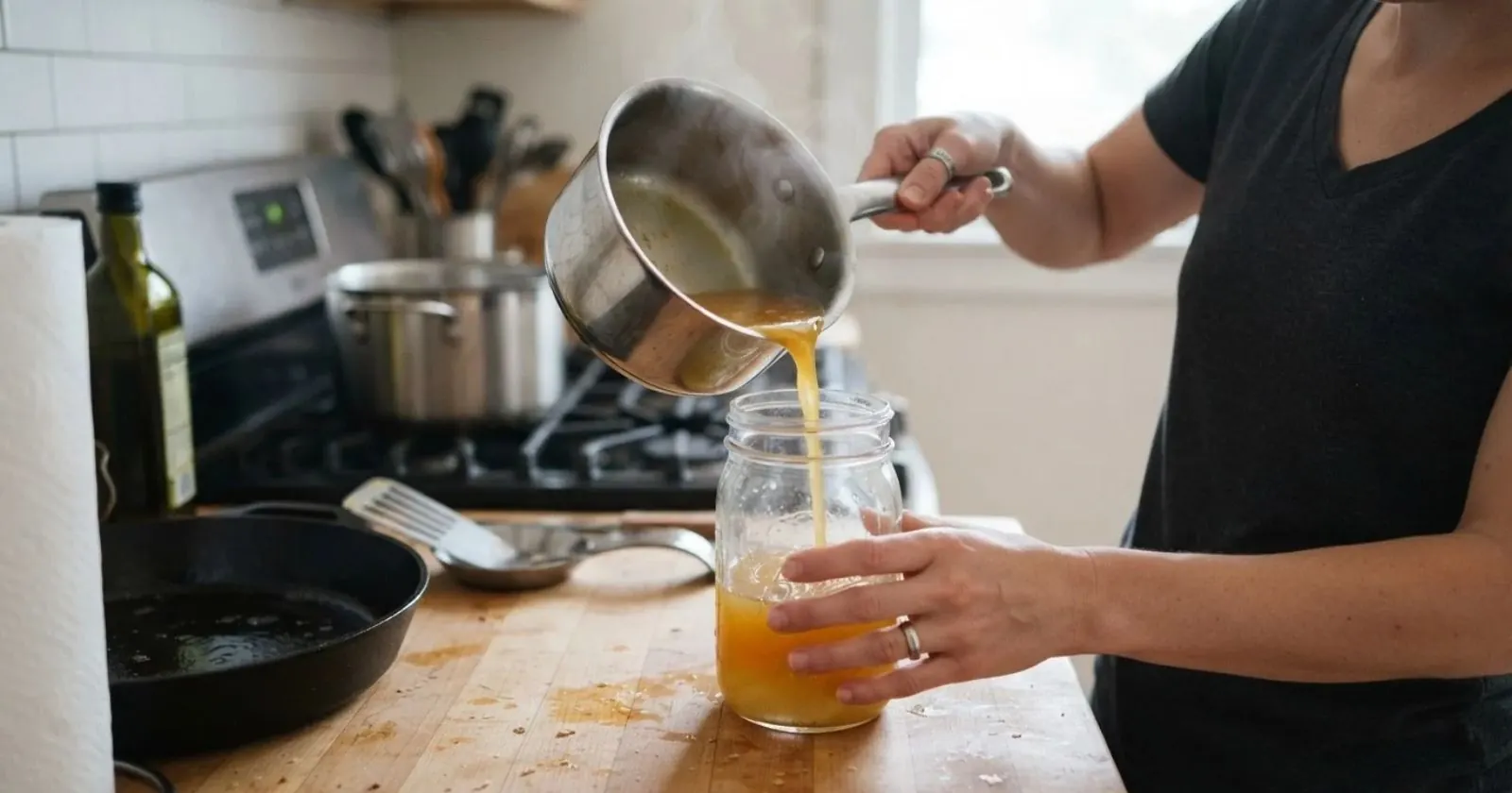 Cooking grease being poured from a pan into a glass jar instead of the sink