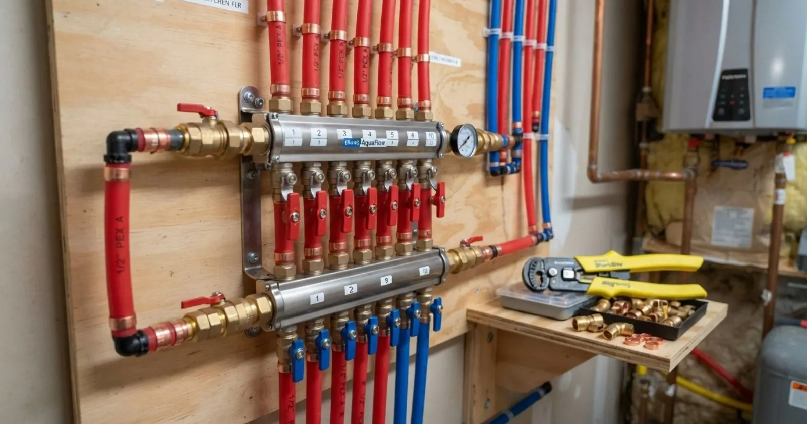 PEX manifold with red and blue supply lines and labeled shutoff valves