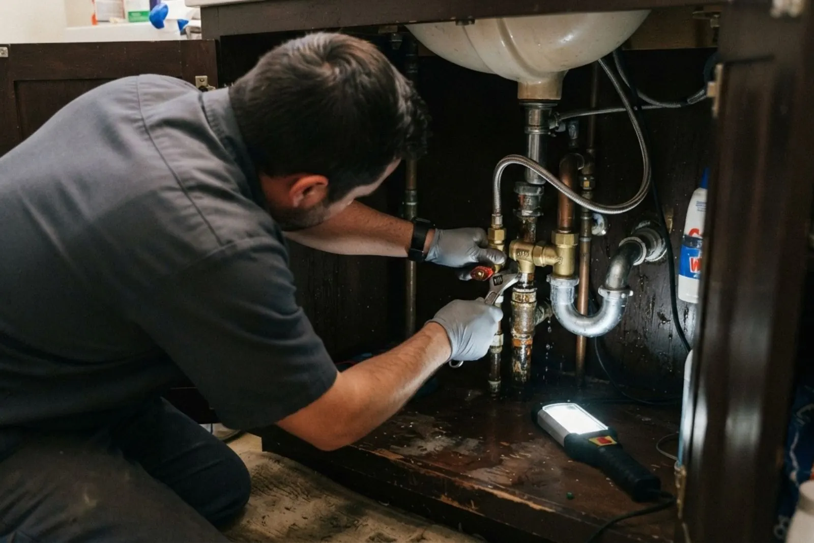 Plumber using a work light to repair valves and drain lines under a sink