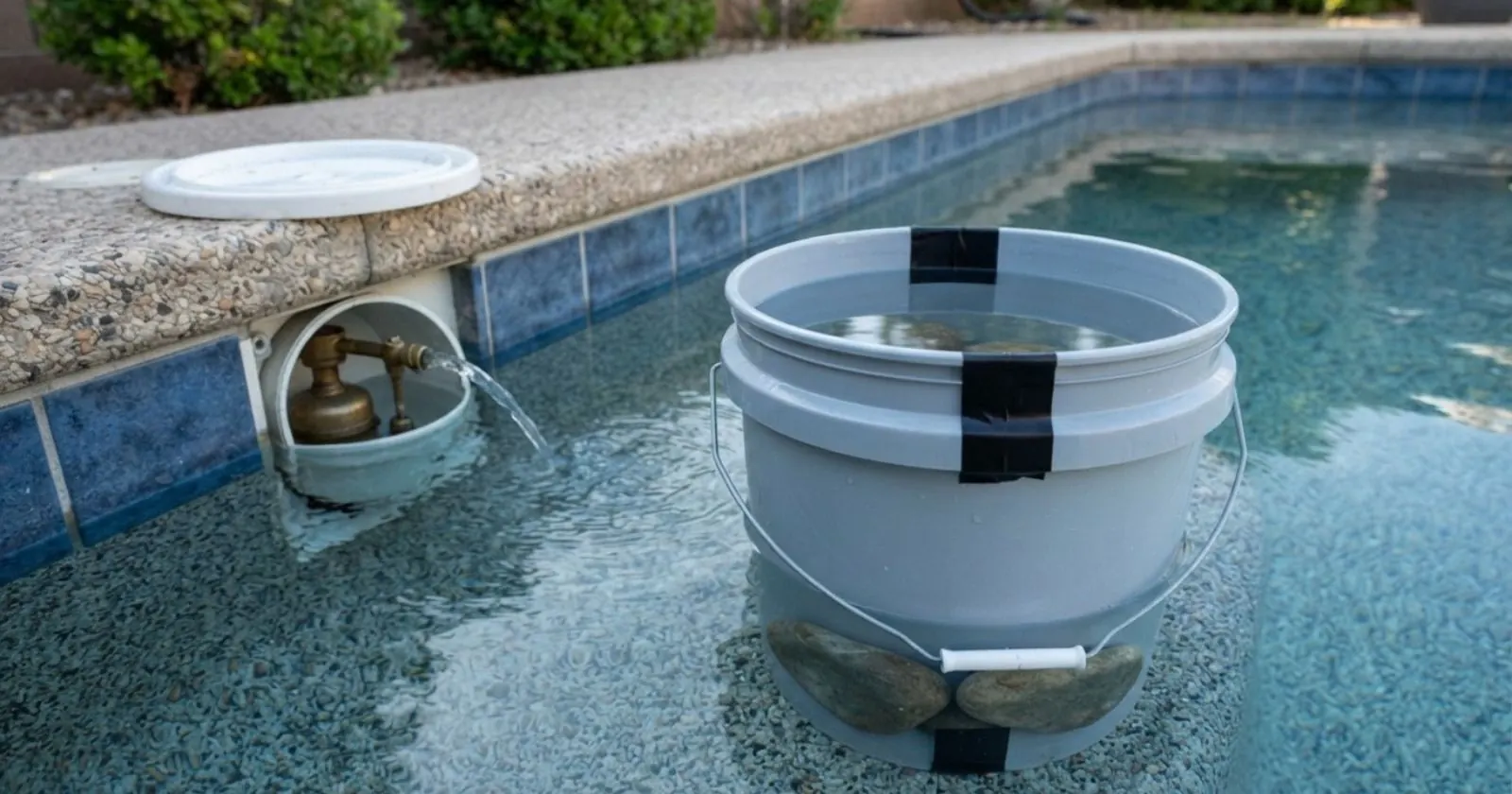 Bucket of pool water set on a pool step for an evaporation test