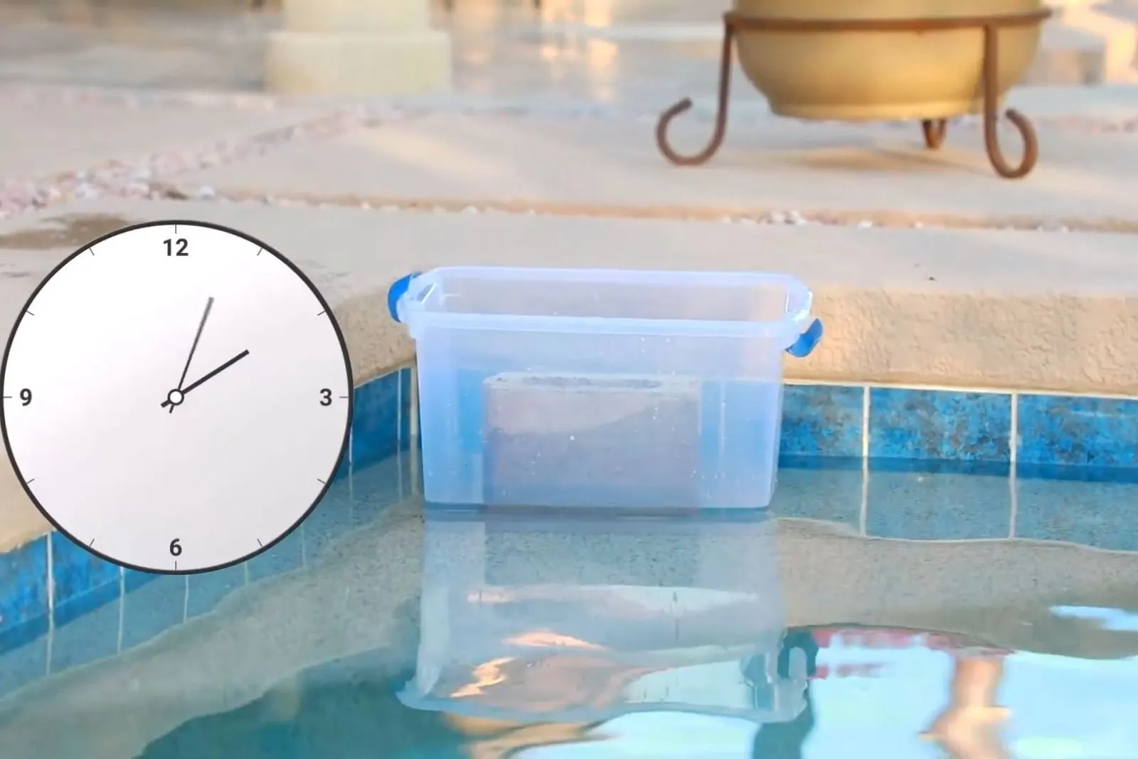 Container of pool water and a clock beside the pool edge during a leak test