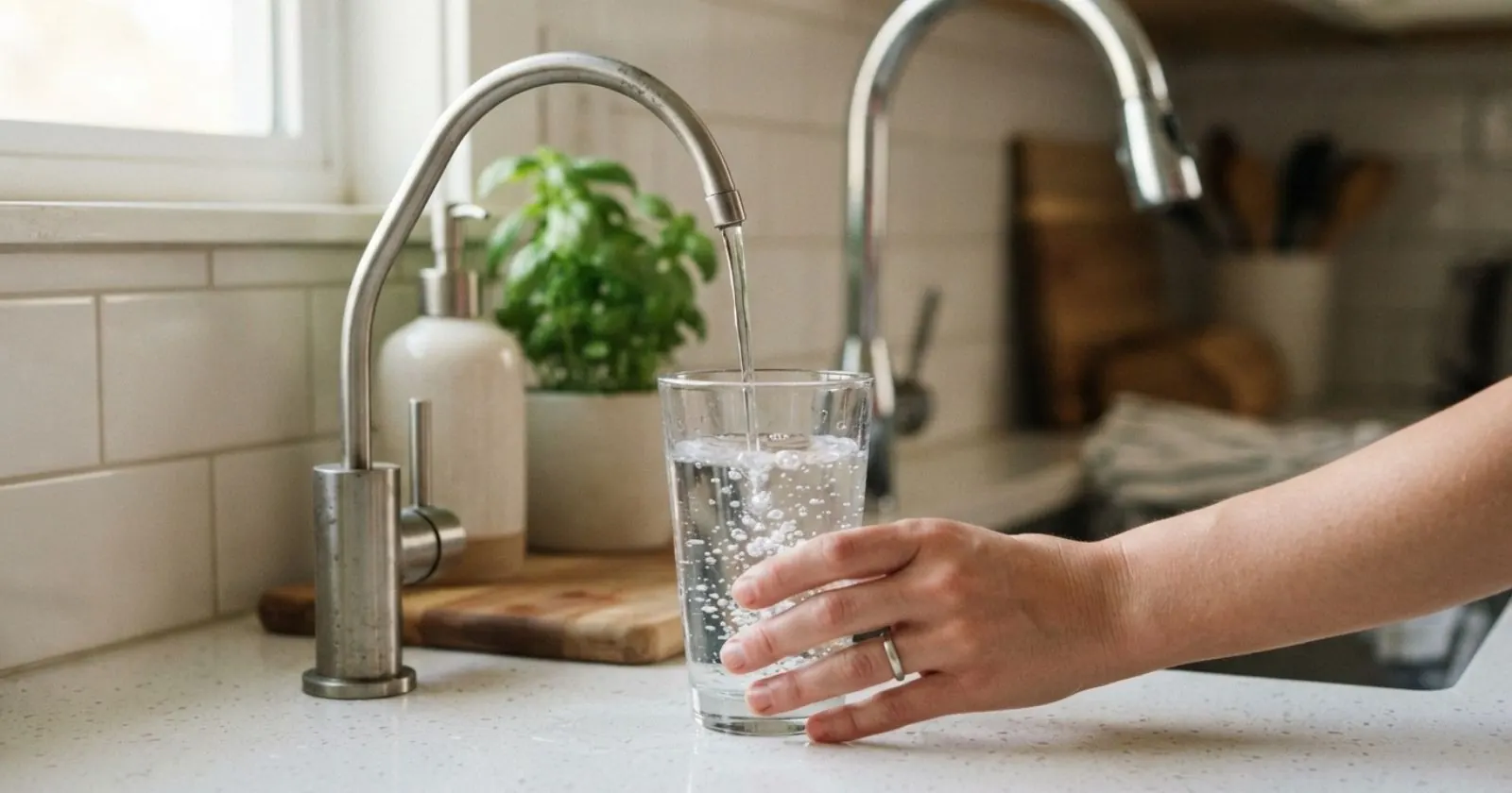 Glass being filled from a dedicated drinking water faucet at a kitchen sink