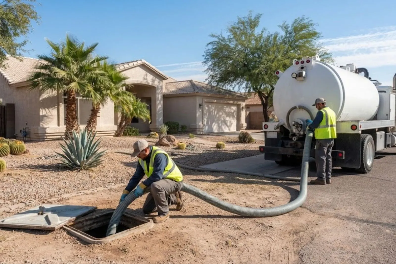 Technicians pumping a septic tank with a vacuum truck hose in a desert front yard