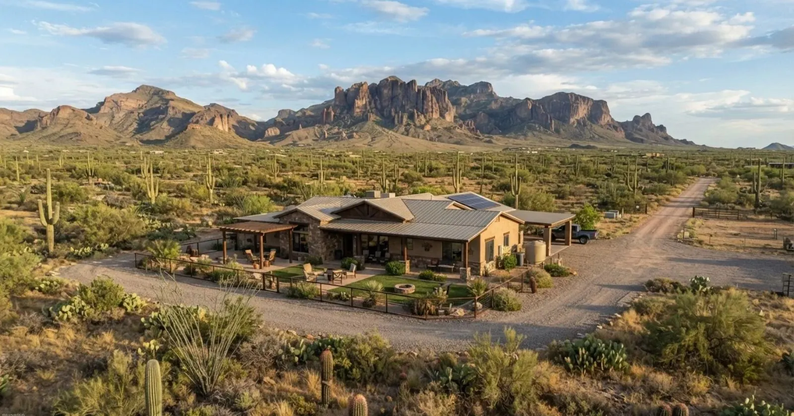Rural Arizona home on acreage with desert and mountains behind it