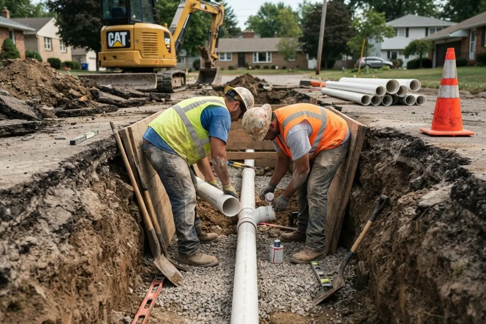 Workers laying new PVC sewer pipe in an open trench on a residential street