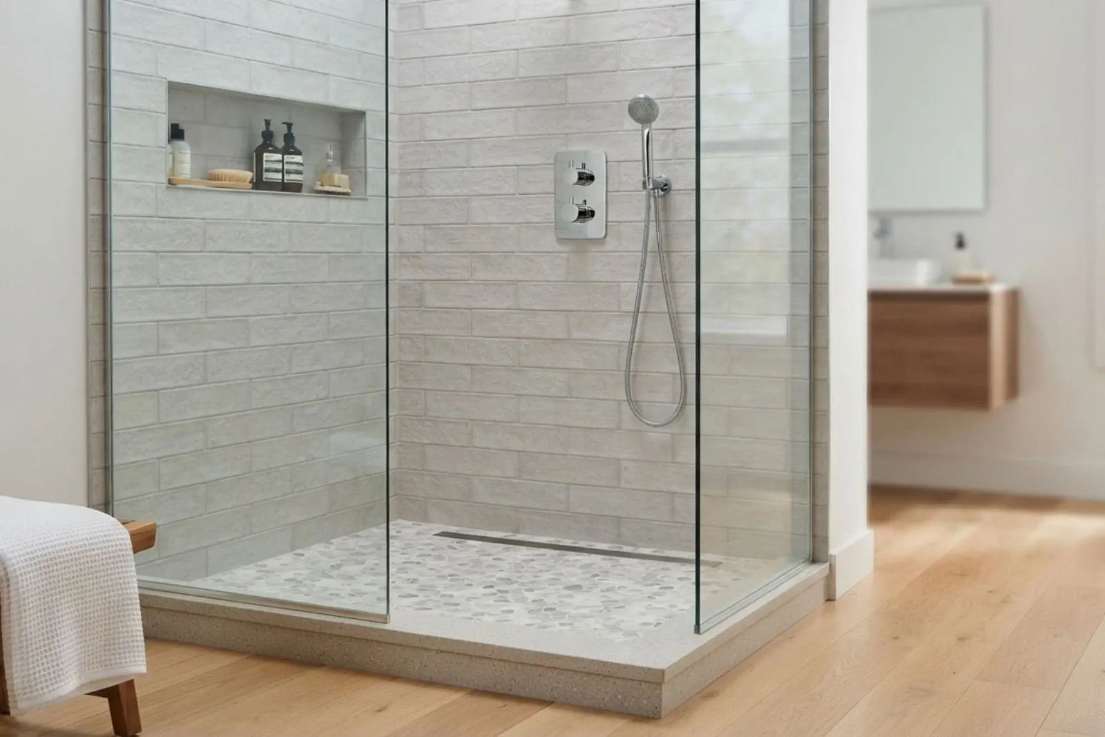 Walk-in glass shower with a low threshold and a modern shower valve