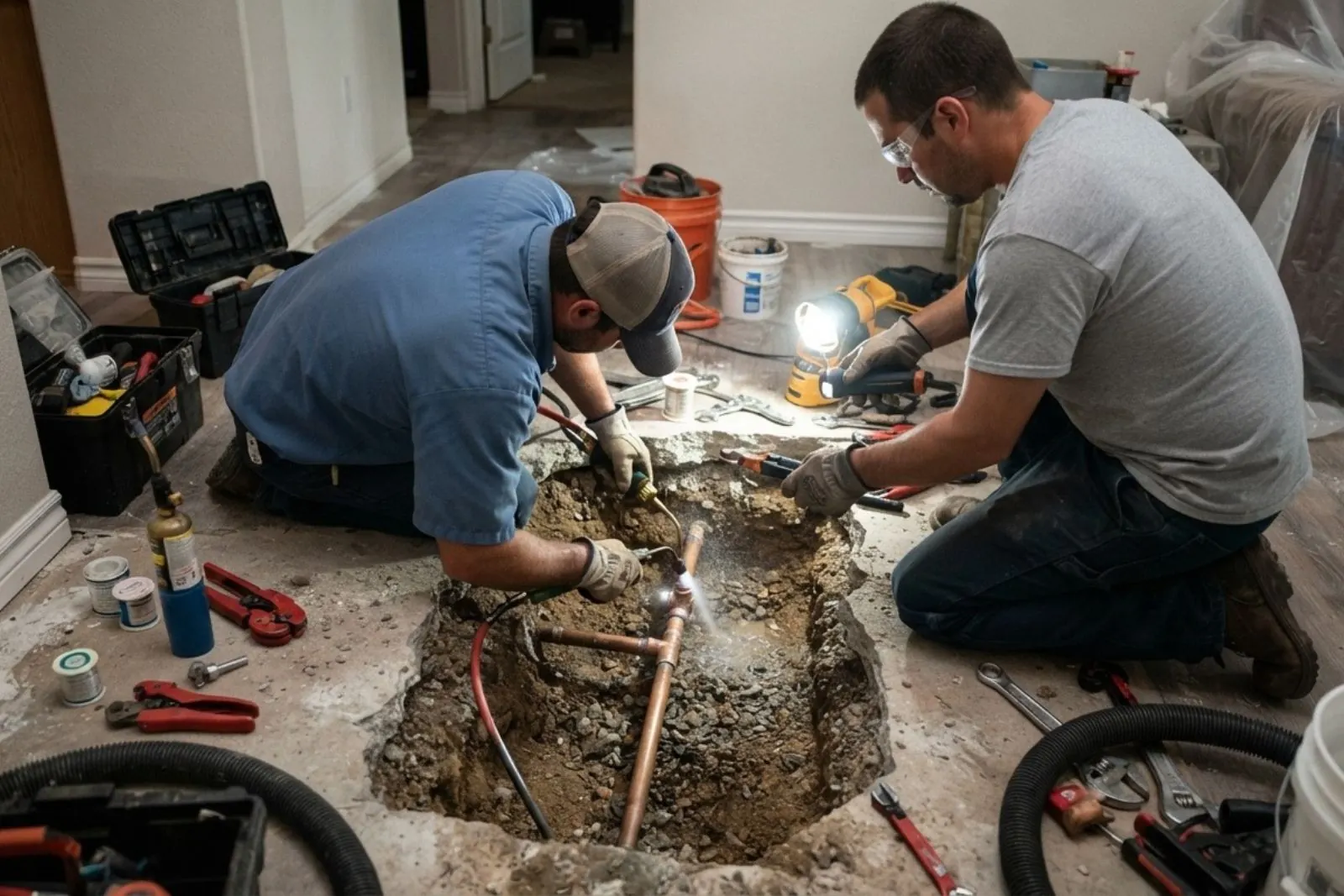 Plumbers repairing a water line exposed through an opening in a concrete slab floor