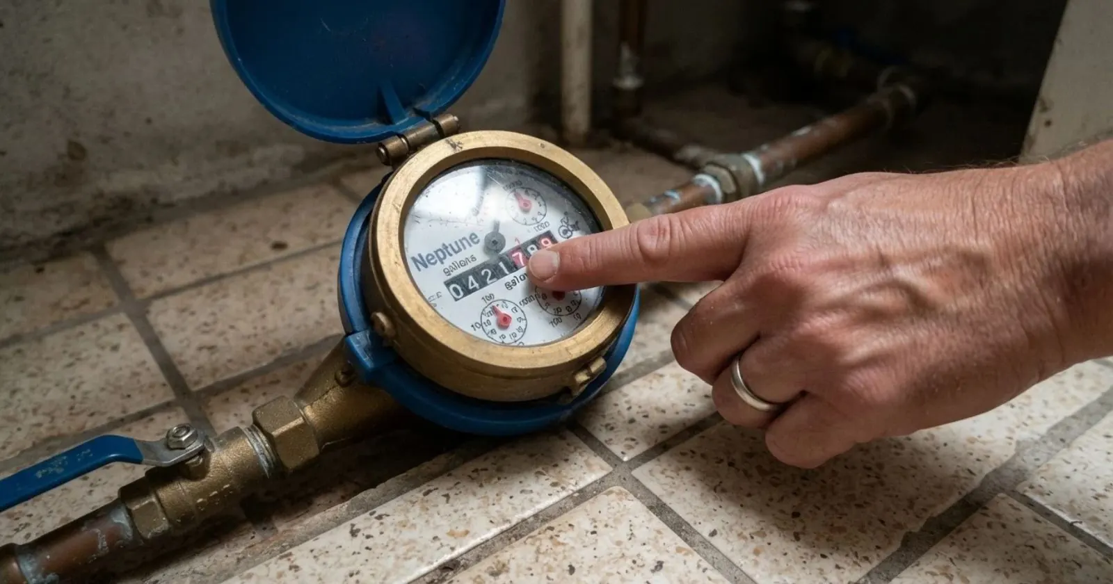 Finger pointing to the dial on a residential water meter