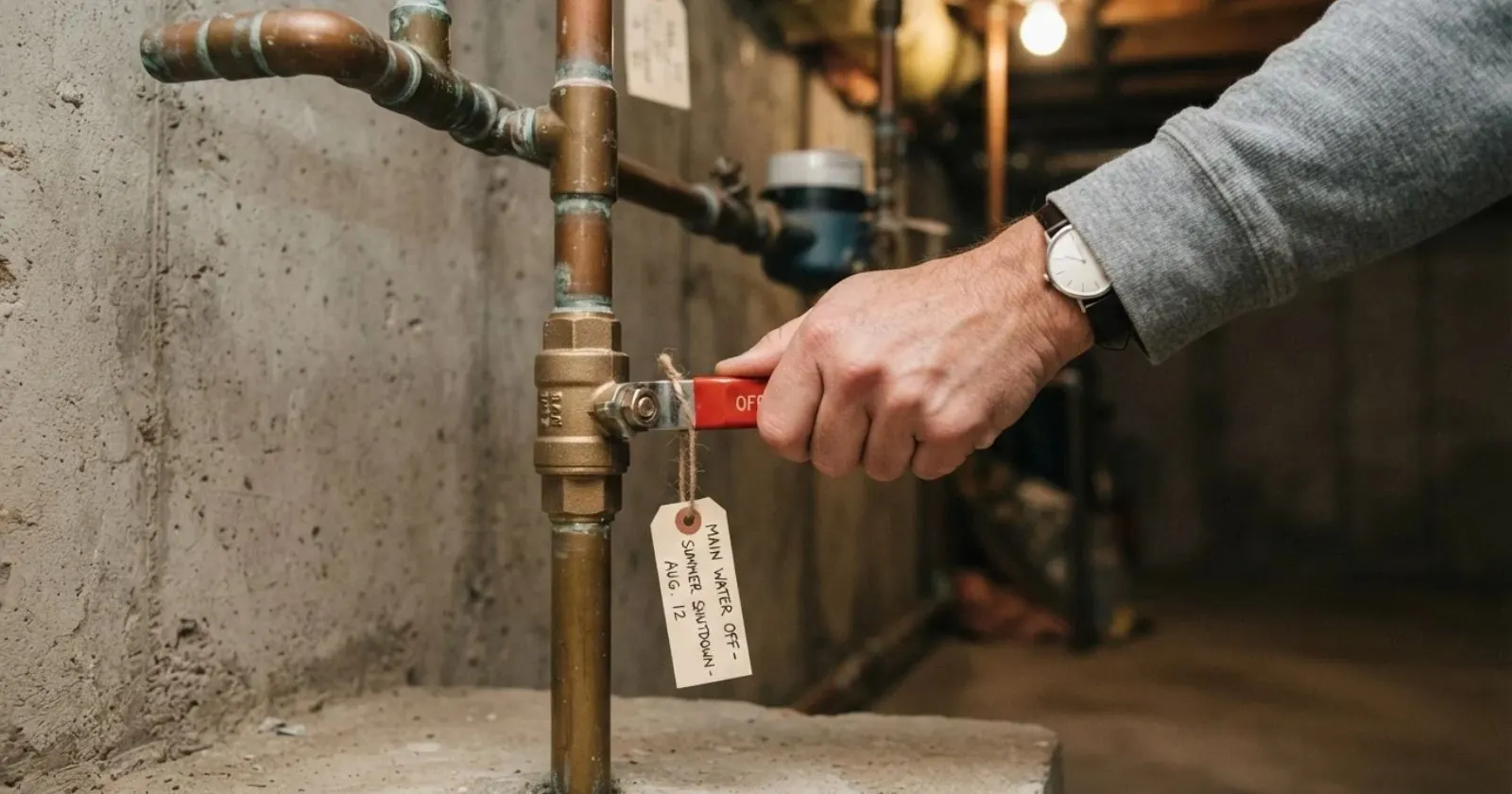 Hand turning the main water shutoff valve on a copper supply line