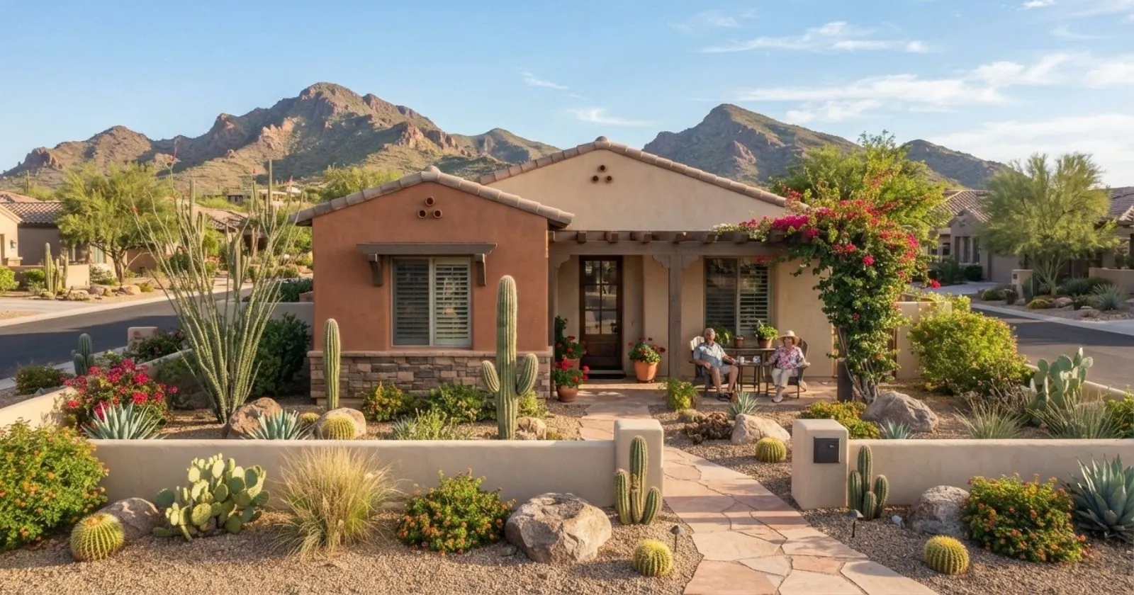 Single-story stucco home with desert landscaping and mountains in the background