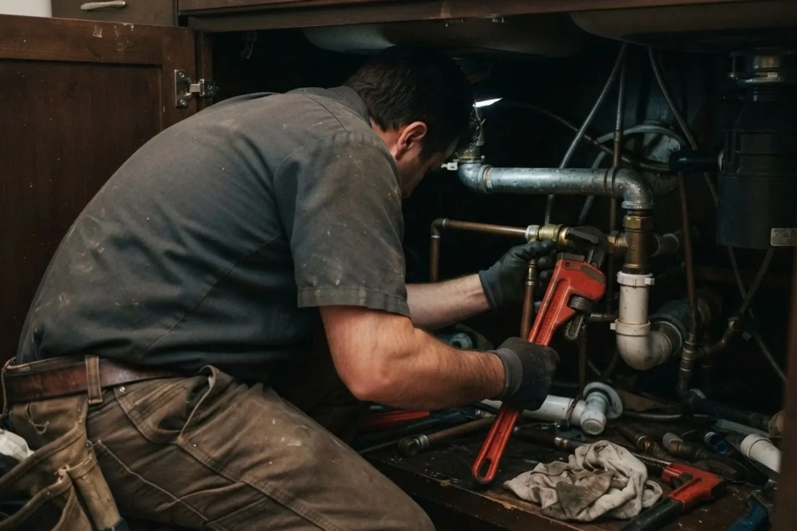 Plumber repairing drain pipes with a wrench under a sink