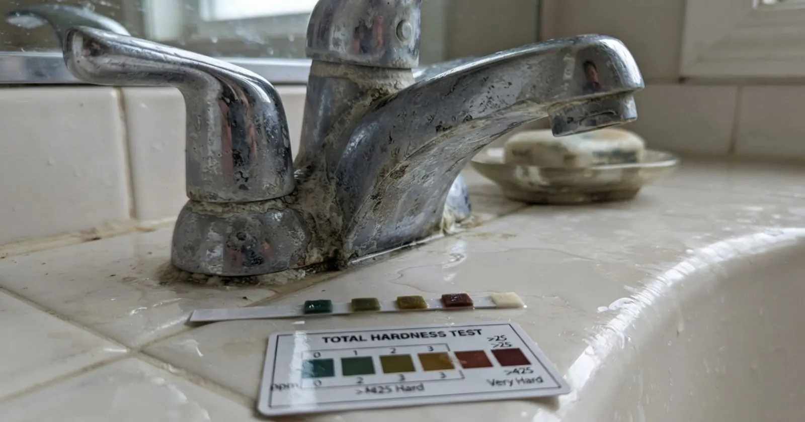 Hard water scale on a bathroom faucet next to a water hardness test strip