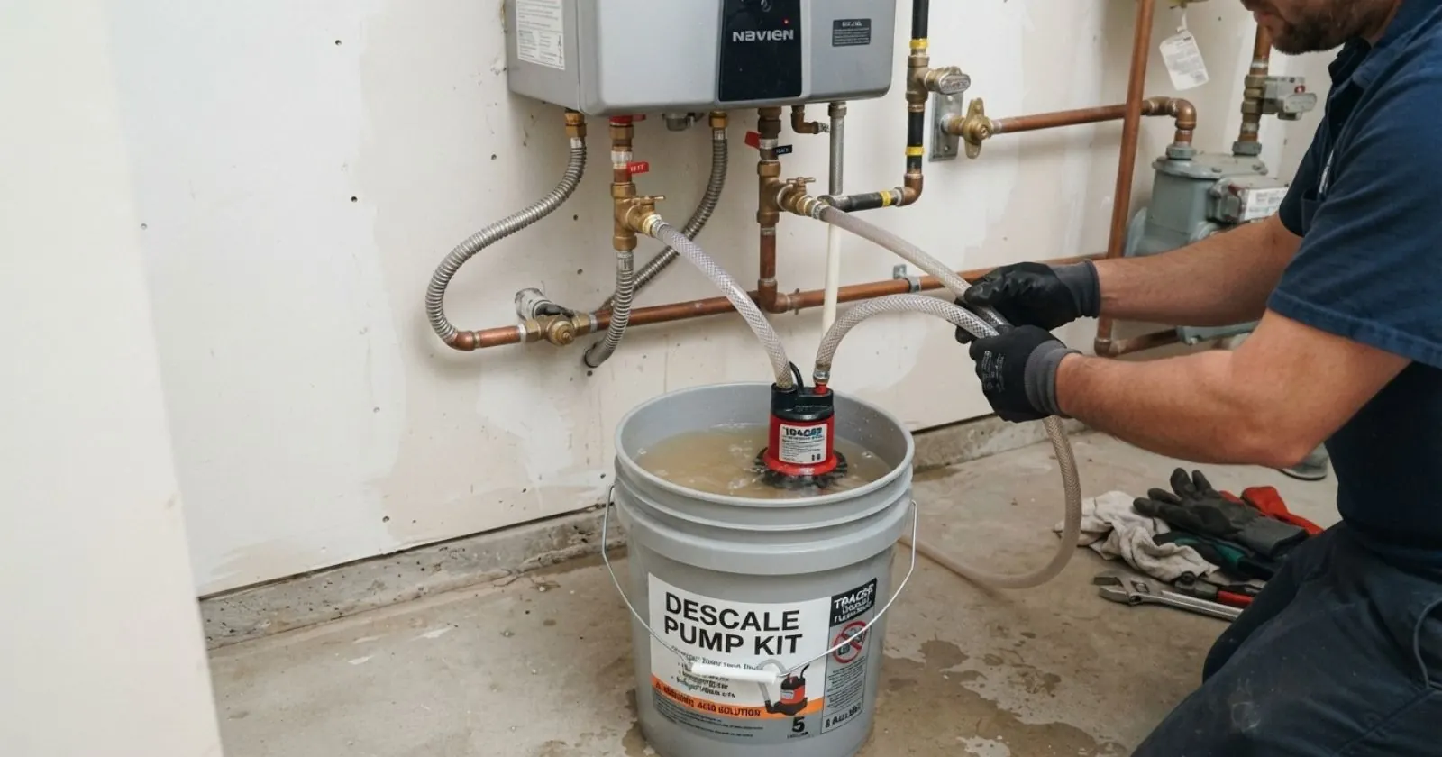 Descale pump kit and hoses connected to a tankless water heater's service valves