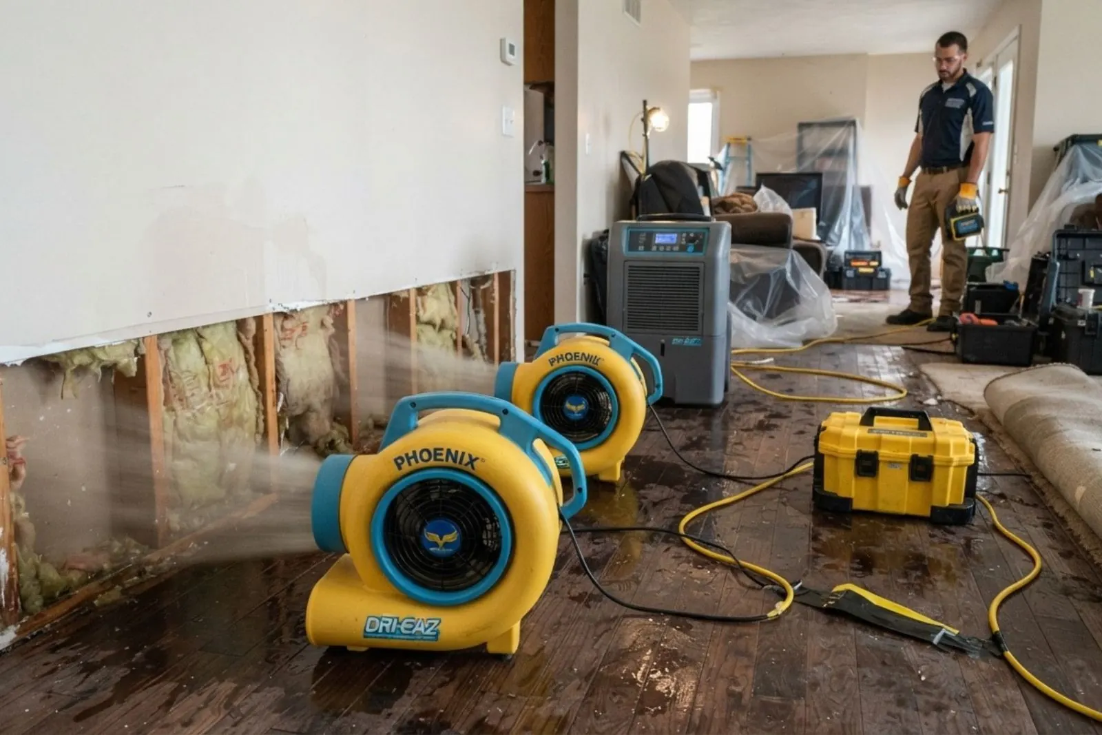 Air movers and a dehumidifier drying a room after water damage