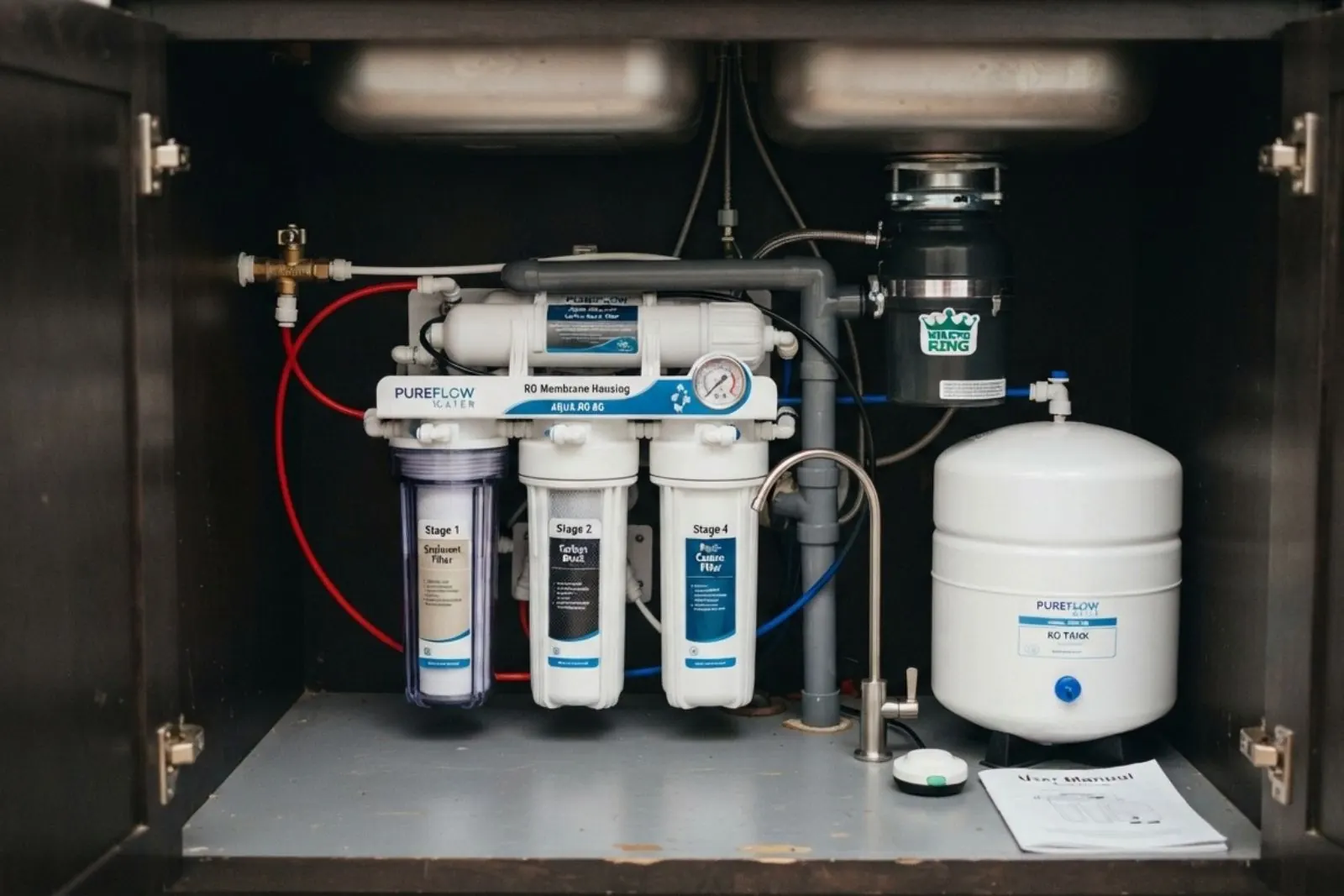Under-sink reverse osmosis system with three filters and a storage tank