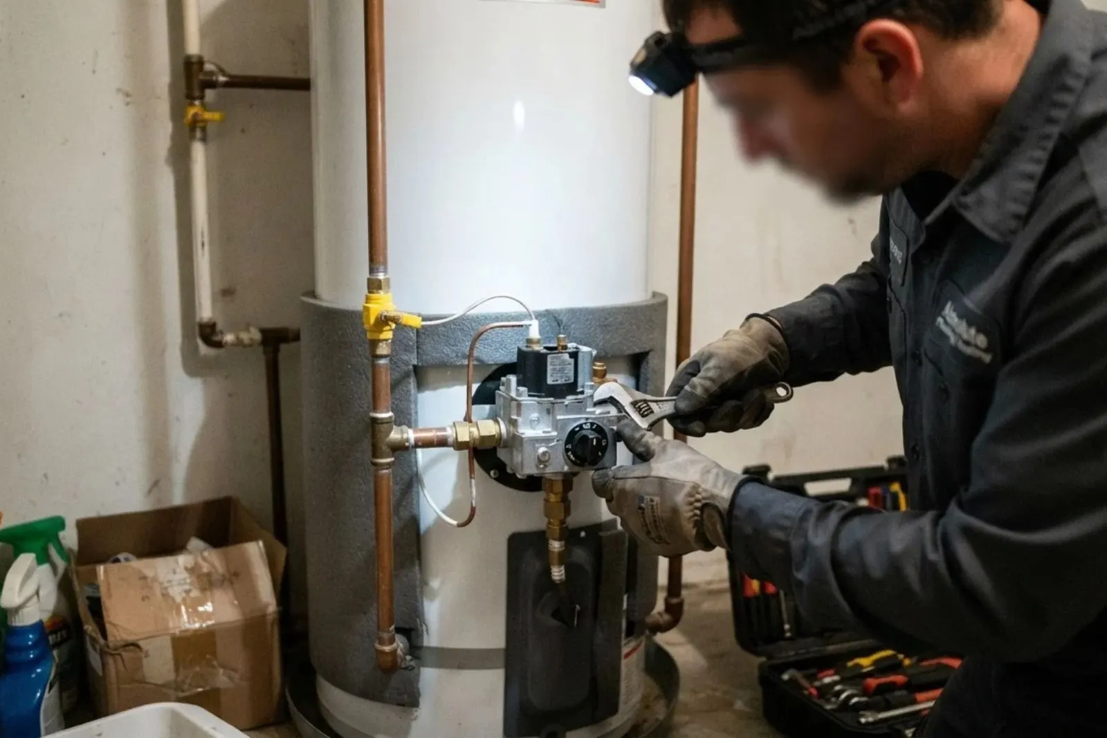 Technician with a headlamp repairing the gas valve on a tank water heater