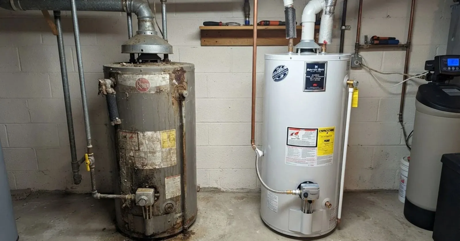 Old rusted water heater beside a new water heater in a utility room