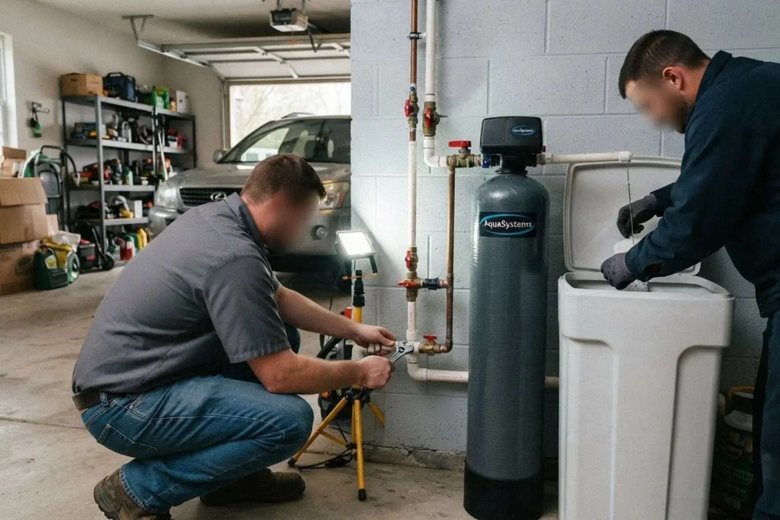 Plumbers installing a water softener and brine tank in a garage
